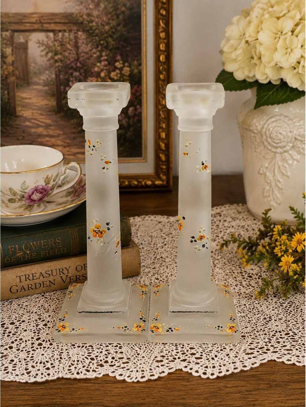 Vintage Hand Painted Satin Frosted Glass Candlestick Holders Pair Floral